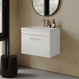 Balterley 1 Drawer Wall Hung Vanity Basin Unit White Brushed Brass Handle 600mm - thumbnail 4