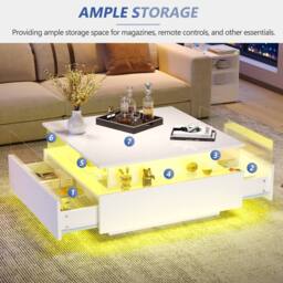 Merax Square High Gloss LED Coffee Table with Acrylic Display & 2 Drawers in White - thumbnail 3