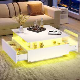 Merax Square High Gloss LED Coffee Table with Acrylic Display & 2 Drawers in White