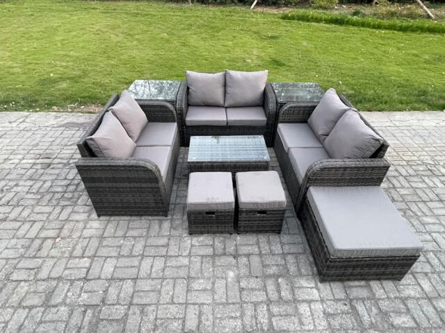 Fimous Wicker PE Rattan Garden Furniture Set Outdoor Lounge Sofa Set with Love Sofa Coffee Table 2 Side Tables 3 Footstools in Dark Grey - image 1