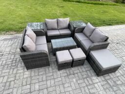 Fimous Wicker PE Rattan Garden Furniture Set Outdoor Lounge Sofa Set with Love Sofa Coffee Table 2 Side Tables 3 Footstools in Dark Grey - thumbnail 2