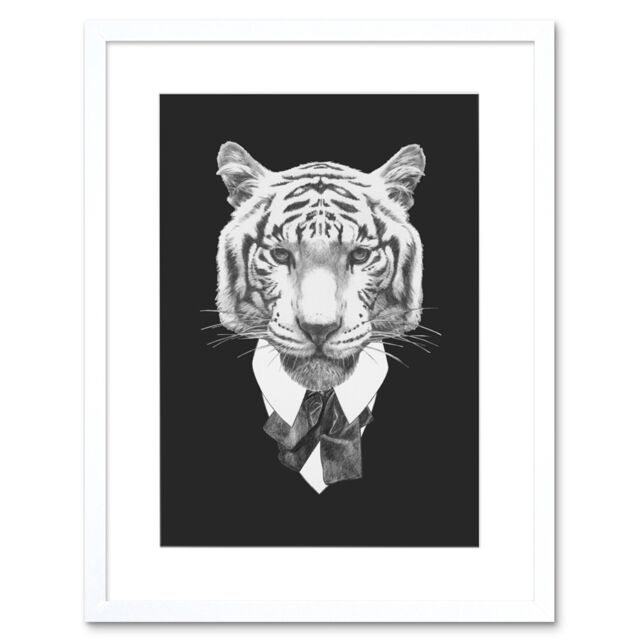 "Artery8 Wall Art Print Bow Tie Tiger Drawing Art Framed 9x7 inch in White - Size: W7"" x H9""" - image 1