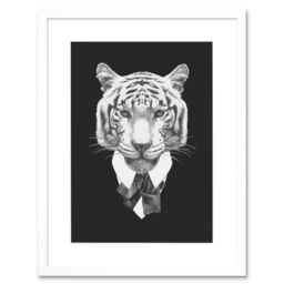 "Artery8 Wall Art Print Bow Tie Tiger Drawing Art Framed 9x7 inch in White - Size: W7"" x H9""" - thumbnail 1