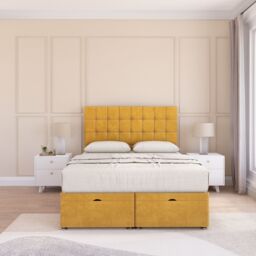 Sloomy Alabama Plush Fabric Ottoman Bed End Opening With Sprung Memory Mattress & 26 Inch Headboard in Gold - Size: King - thumbnail 1
