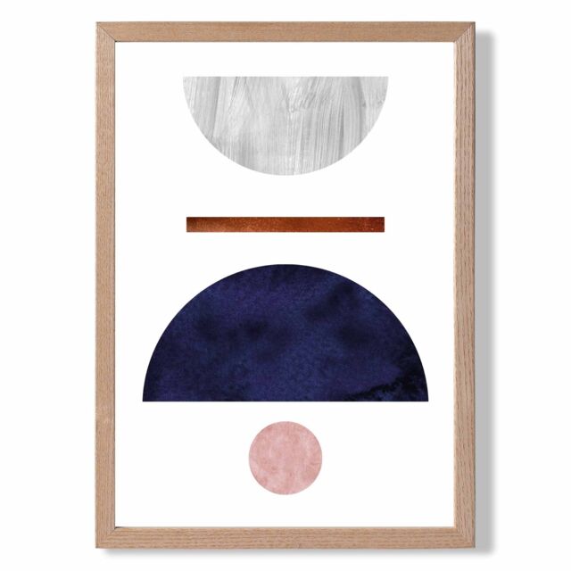 ARTZE Navy Blue & Grey Semi Circles Mid Century Geometric Framed Print SIZE: A4 with Oak Frame - Size: A3 - image 1