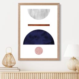 ARTZE Navy Blue & Grey Semi Circles Mid Century Geometric Framed Print SIZE: A4 with Oak Frame - Size: A3 - thumbnail 2