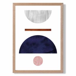 ARTZE Navy Blue & Grey Semi Circles Mid Century Geometric Framed Print SIZE: A4 with Oak Frame - Size: A3