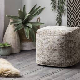 Wyld and Coco Brown Cotton Pouffe - Distressed Pattern Boho Ottoman - thumbnail 1