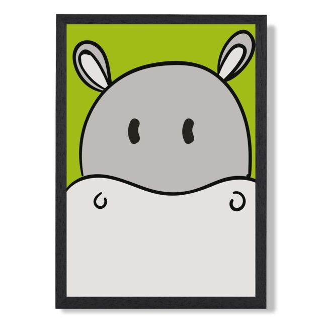 ARTZE Cute Cartoon Style Hippo Face Framed Print SIZE: A2 with Black Frame in Grey - Size: A4 - image 1