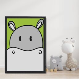 ARTZE Cute Cartoon Style Hippo Face Framed Print SIZE: A2 with Black Frame in Grey - Size: A4 - thumbnail 2