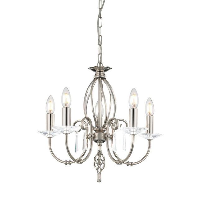 Loops 5 Bulb Chandelier Cut Glass Droplets Curved Stem Polished Nickel LED E14 60W in Metallics