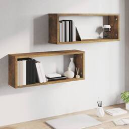 Berkfield Home Wall Cube Shelves 2 pcs Smoked Oak 60x15x23 cm Engineered Wood in Brown - Size: 60 x 15 x 23 cm - thumbnail 6
