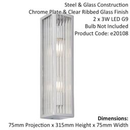 Loops Bathroom Wall Light Fitting - Chrome Plate & Ribbed Glass Shade - Twin Lamp in Clear - thumbnail 2