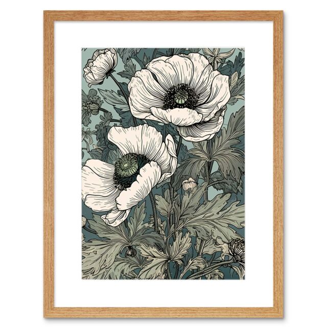 "Artery8 Wall Art Print Pastel Colour White Anemone Flower Bloom Field Artwork Framed 9X7 Inch in Beige - Size: W7"" x H9""" - image 1