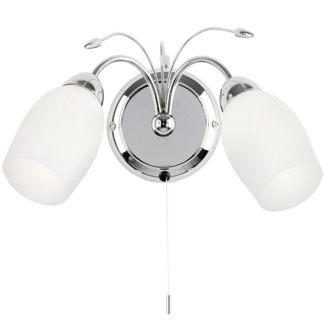 Loops LED Twin Wall Light Pretty Curved Arm Chrome & White Glass Shade Lamp Lighting - image 1