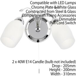 Loops LED Twin Wall Light Pretty Curved Arm Chrome & White Glass Shade Lamp Lighting - thumbnail 2