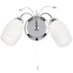 Loops LED Twin Wall Light Pretty Curved Arm Chrome & White Glass Shade Lamp Lighting - thumbnail 1