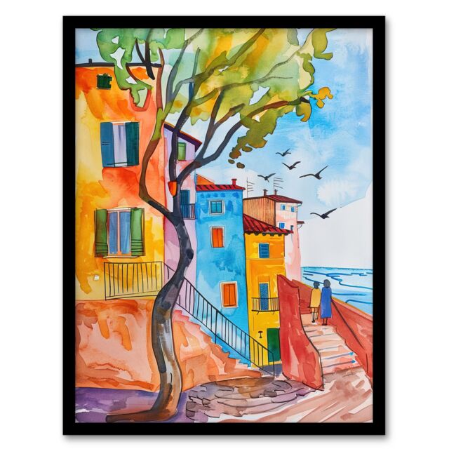 Artery8 Travel Italy Rimini Colourful Seaside Houses Framed Art Print - Size: A4 - image 1