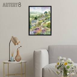 "Artery8 Countryside Landscape With Cottages Framed Canvas Wall Art Print in Green - Size: W12"" x H16""" - thumbnail 3