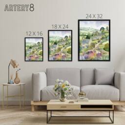"Artery8 Countryside Landscape With Cottages Framed Canvas Wall Art Print in Green - Size: W12"" x H16""" - thumbnail 4