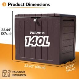 Novecrafto Plastic Garden Storage Box 140L, 60x44x57cm, Waterproof Outdoor Chest in Brown - Size: 60 x 44 x 57 cm - thumbnail 3