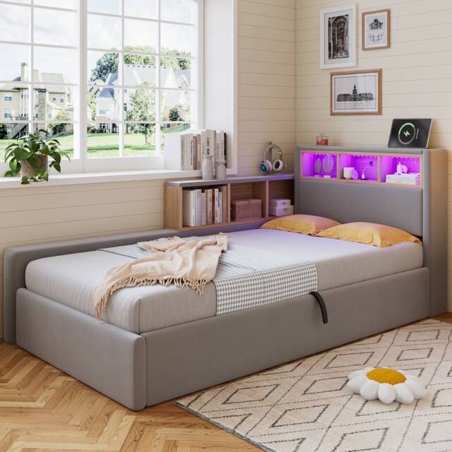BTM 3FT Velvet Daybed LED USB Charging Storage Bed Grey - Size: Single - image 1