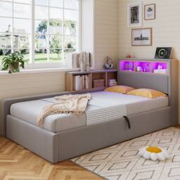 BTM 3FT Velvet Daybed LED USB Charging Storage Bed Grey - Size: Single