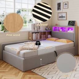 BTM 3FT Velvet Daybed LED USB Charging Storage Bed Grey - Size: Single - thumbnail 5