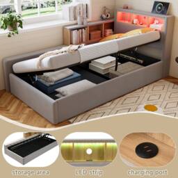 BTM 3FT Velvet Daybed LED USB Charging Storage Bed Grey - Size: Single - thumbnail 6