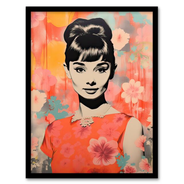 Artery8 Wall Art Print Hepburn Smiling Floral Artwork Orange Pink Blue Framed Art - Size: A4 - image 1
