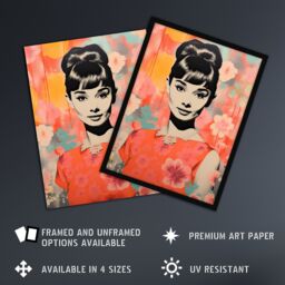 Artery8 Wall Art Print Hepburn Smiling Floral Artwork Orange Pink Blue Framed Art - Size: A4 - thumbnail 2