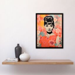 Artery8 Wall Art Print Hepburn Smiling Floral Artwork Orange Pink Blue Framed Art - Size: A4 - thumbnail 4