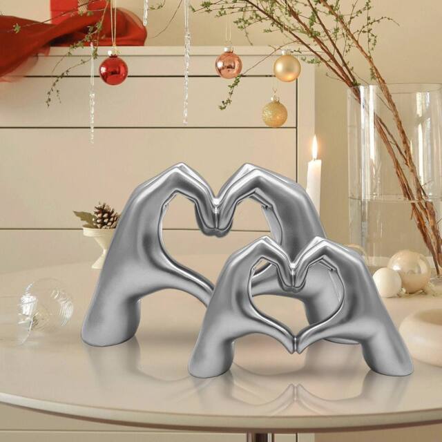 Huhote Modern Heart Hands Sculpture Love Finger Statue Hand Love Decor 2 Pcs in Silver - image 1