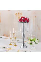 H&O Direct Silver Elegant Crystal Tassels Metal Flower Vases Wedding Table Centerpiece Candlestick