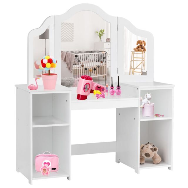 Gymax 2 In 1 Kids Vanity Table Makeup Table With Tri-Folding Mirror & Shelves in White - image 1