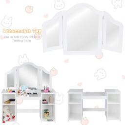 Gymax 2 In 1 Kids Vanity Table Makeup Table With Tri-Folding Mirror & Shelves in White - thumbnail 2