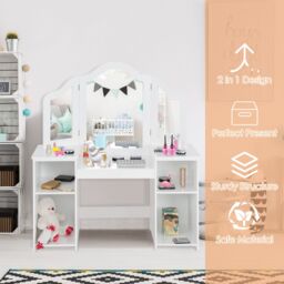 Gymax 2 In 1 Kids Vanity Table Makeup Table With Tri-Folding Mirror & Shelves in White - thumbnail 4