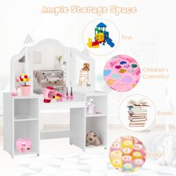 Gymax 2 In 1 Kids Vanity Table Makeup Table With Tri-Folding Mirror & Shelves in White - thumbnail 3