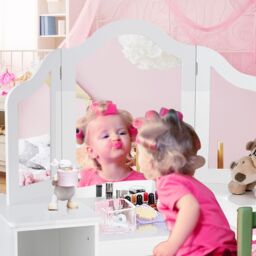 Gymax 2 In 1 Kids Vanity Table Makeup Table With Tri-Folding Mirror & Shelves in White - thumbnail 5