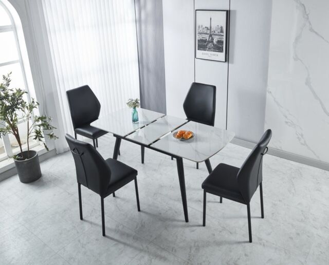 Modernique Sintere Stone Top Extending Table & 4 Faux Leather Chairs Dining Set in White - image 1