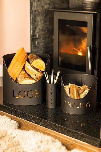Marco Paul 3 Piece Fireside Accessories Set with Log, Kindling & Matchstick Holder in Black - image 1
