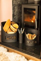 Marco Paul 3 Piece Fireside Accessories Set with Log, Kindling & Matchstick Holder in Black