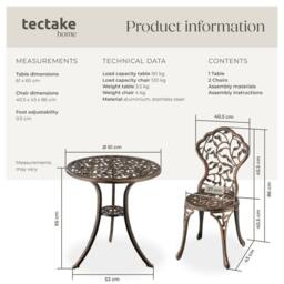tectake Lyon Bistro Set for 2 People, Weather-Resistant Aluminum in Bronze - Size: 2 Seater - thumbnail 6