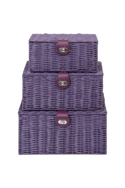 Arpan Set of 3 Resin Woven Storage Basket Box With Lid & Lock in Purple - Size: Small - image 1