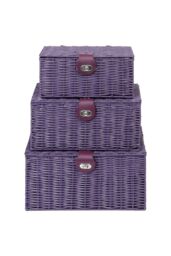 Arpan Set of 3 Resin Woven Storage Basket Box With Lid & Lock in Purple - Size: Small