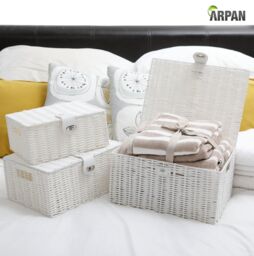 Arpan Set of 3 Resin Woven Storage Basket Box With Lid & Lock in Purple - Size: Small - thumbnail 5