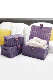 Arpan Set of 3 Resin Woven Storage Basket Box With Lid & Lock in Purple - Size: Small - thumbnail 3