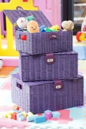 Arpan Set of 3 Resin Woven Storage Basket Box With Lid & Lock in Purple - Size: Small - thumbnail 4