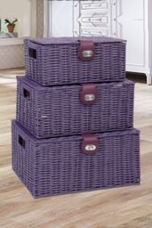 Arpan Set of 3 Resin Woven Storage Basket Box With Lid & Lock in Purple - Size: Small - thumbnail 2