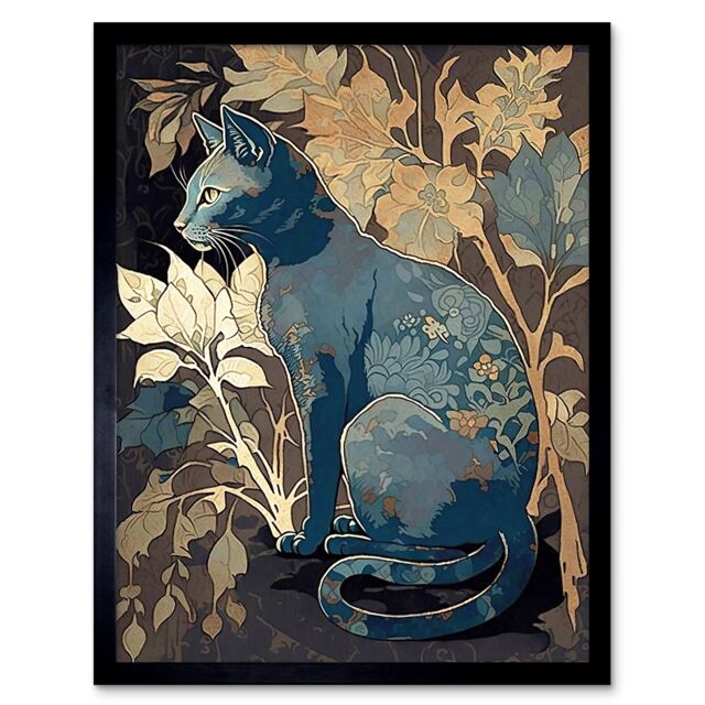 "Artery8 Wall Art Print Russian Blue Cat with Autumn Plants & Floral Pattern Fur Coat Modern Silkscreen Art Framed in Black - Size: W12"" x H16""" - image 1